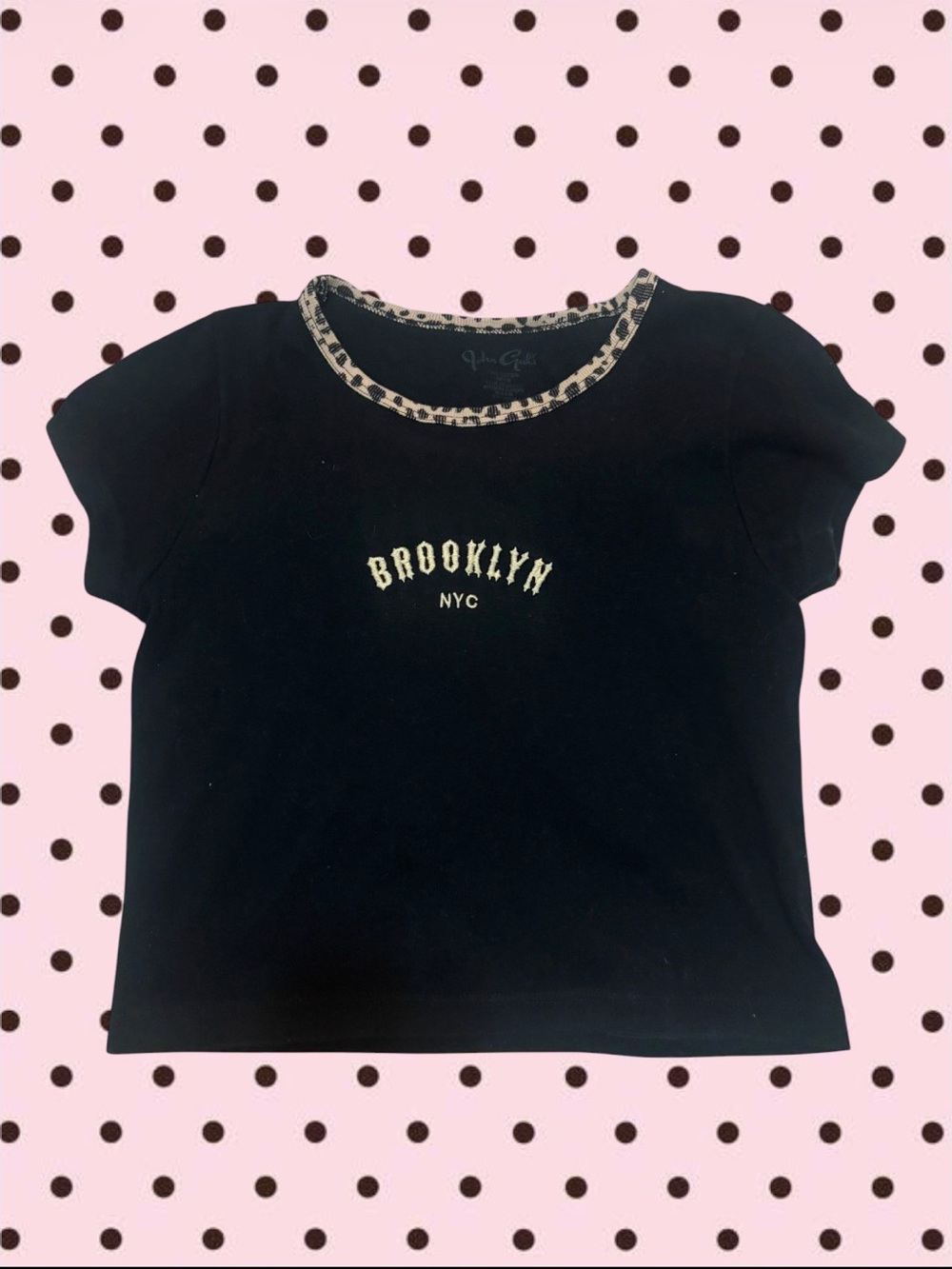 Brandy Melville Black Crop Tee with Gold 'Brooklyn NYC' & Leopard Trim